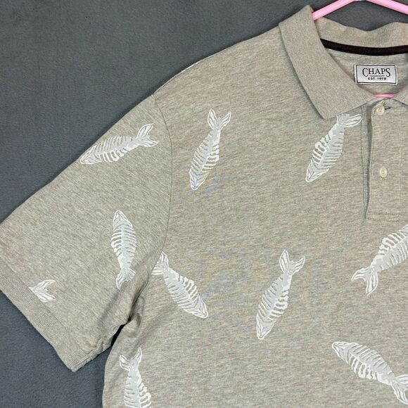 Chaps Polo Shirt Mens Extra Large‎ Beige All Over Fish Print 100% Cotton - Picture 2 of 11